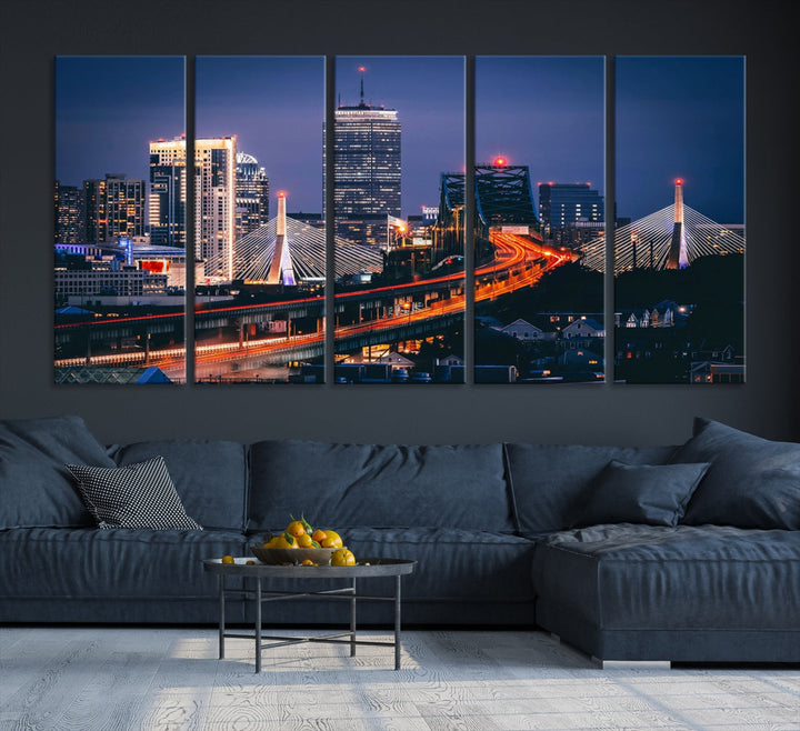 Boston City Lights Night Skyline Cityscape View Wall Art Canvas Print
