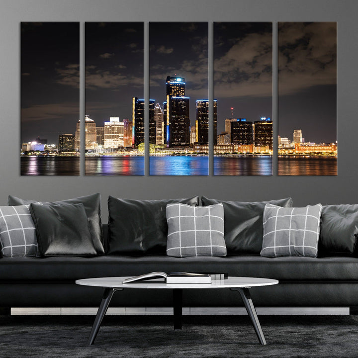 Detroit City Lights Night Skyline Cityscape View Wall Art Canvas Print