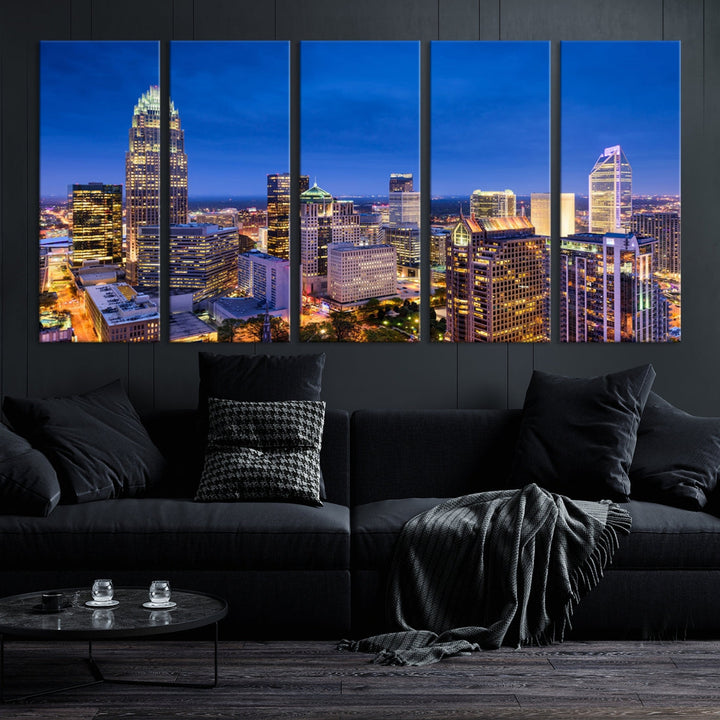 Charlotte City Lights Night Blue Skyline Cityscape View Wall Art Canvas Print
