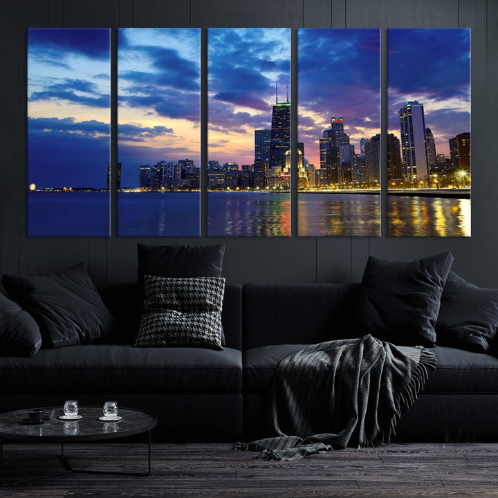 Chicago City Lights Night Cloudy Blue Skyline Cityscape View Wall Art Canvas Print