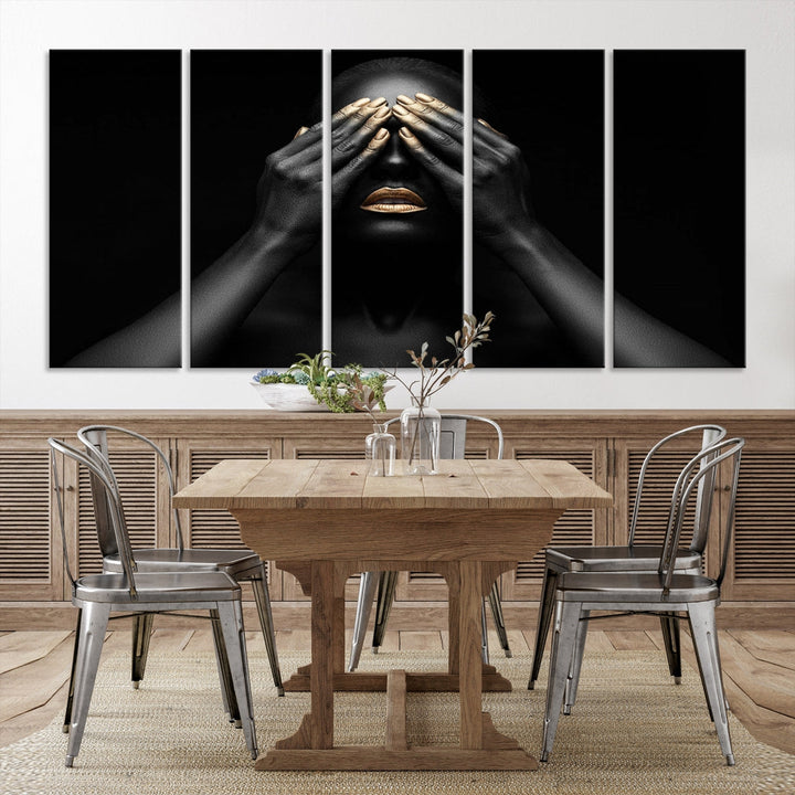 African American Art Black and White Canvas Wall Art Gold Lips Art