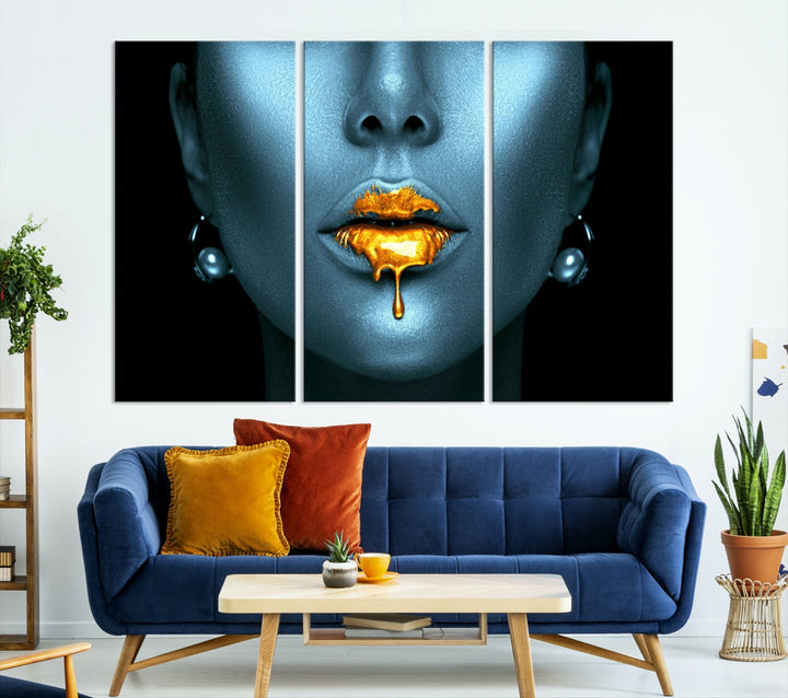 Glitter Lips Wall Art Gold Lips Canvas Art Print