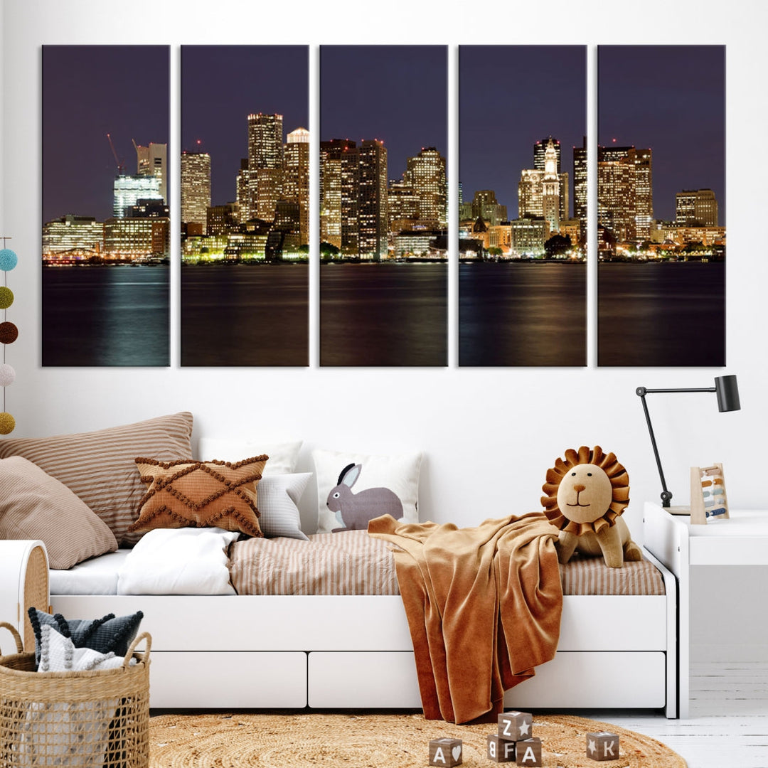 Boston City Night Skyline Cityscape View Wall Art Canvas Print