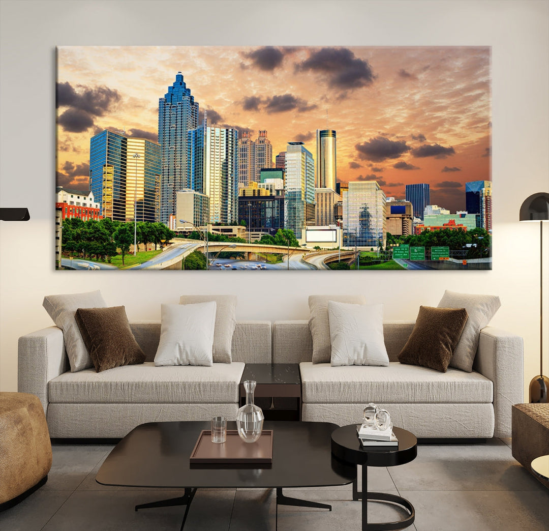 Atlanta City Lights Sunset Skyline Cityscape View Wall Art Canvas Print