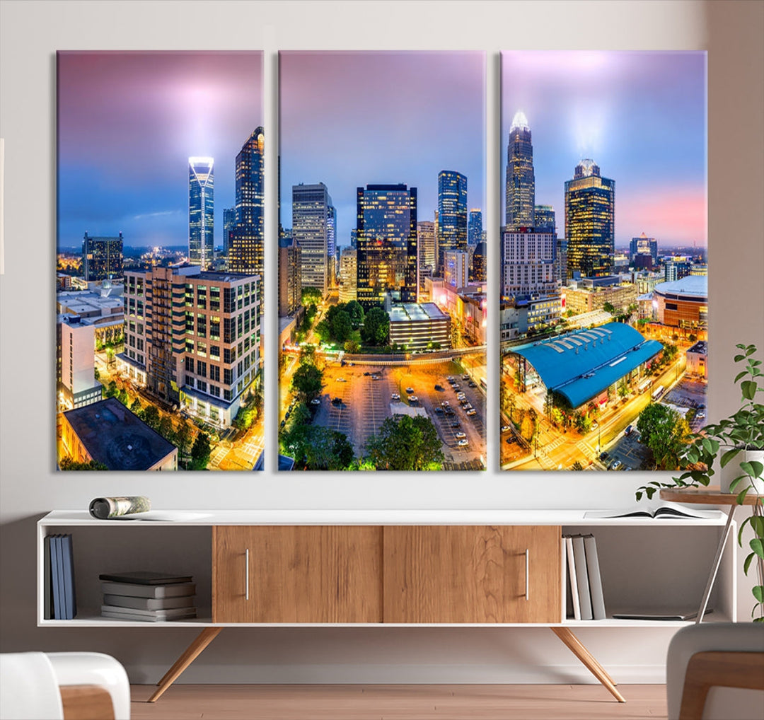 Charlotte City Lights Sunset Purple Skyline Cityscape View Wall Art Canvas Print