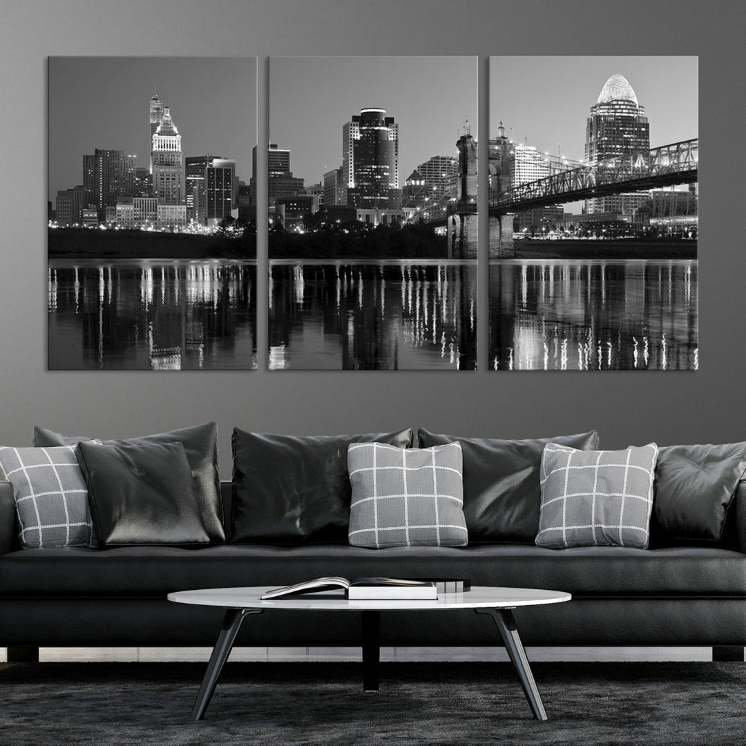 Cincinnati City Lights Skyline Black and White Wall Art Cityscape Canvas Print