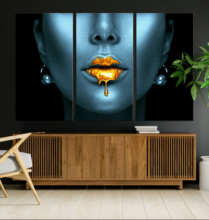 Glitter Lips Wall Art Gold Lips Canvas Art Print