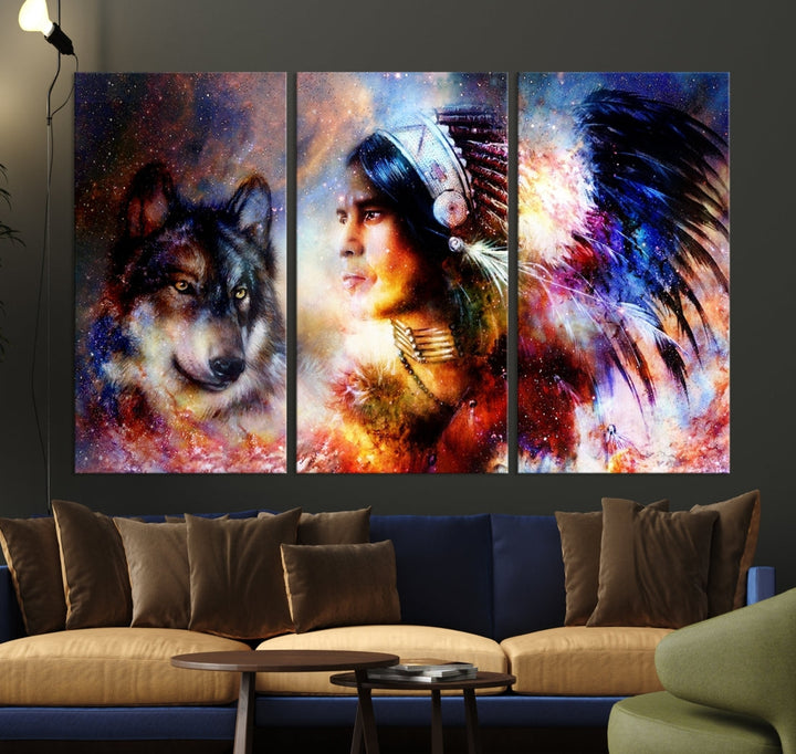 Wolf and Abstract Indian Chief Wall Art Canvas Print