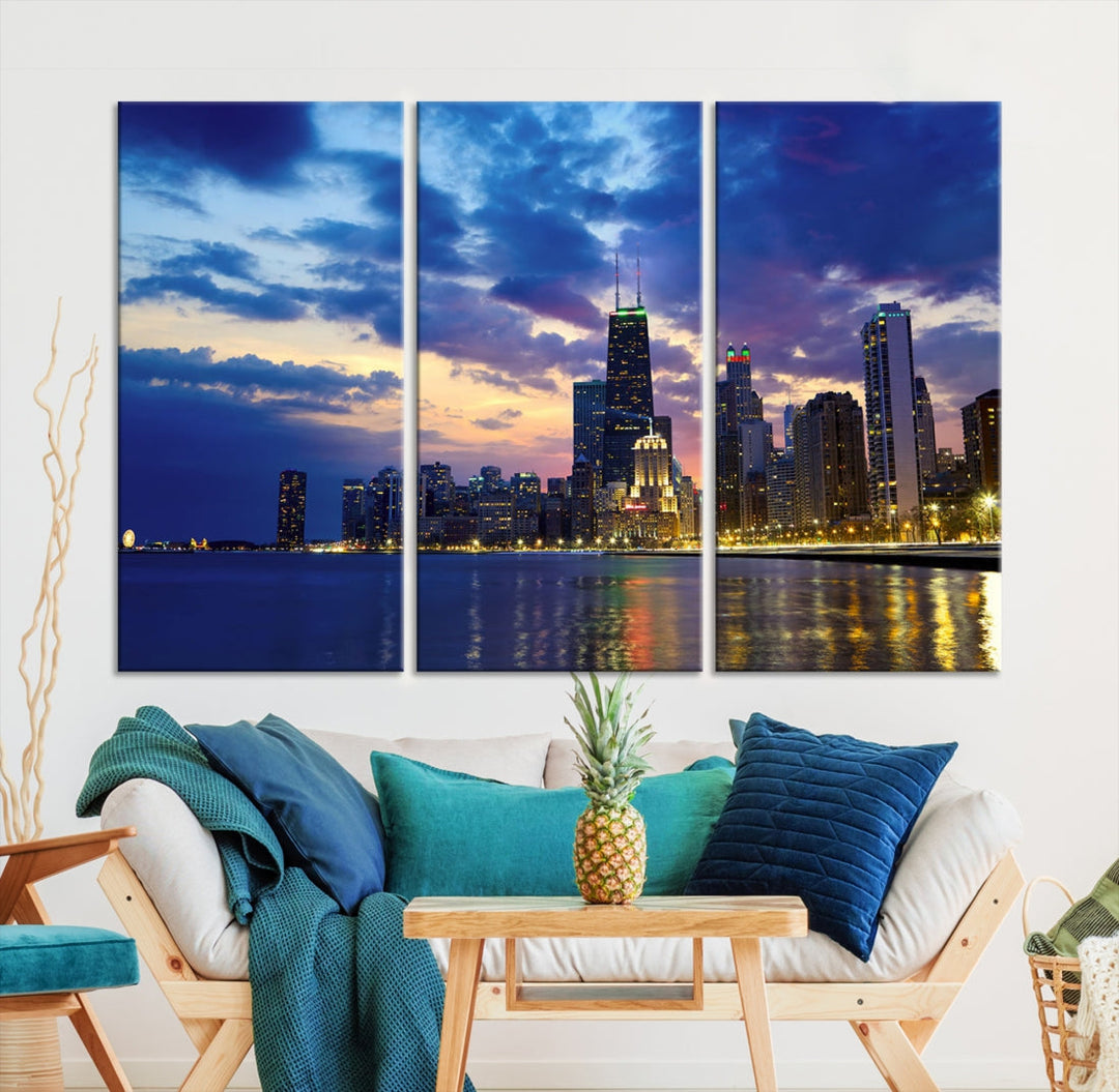 Chicago City Lights Night Cloudy Blue Skyline Cityscape View Wall Art Canvas Print