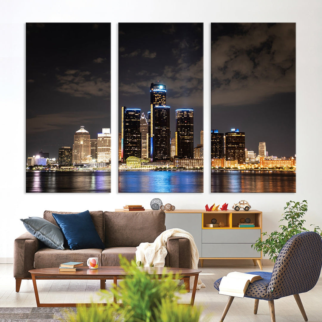 Detroit City Lights Night Skyline Cityscape View Wall Art Canvas Print