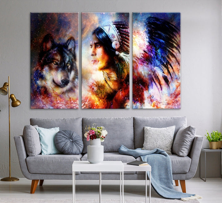 Wolf and Abstract Indian Chief Wall Art Canvas Print