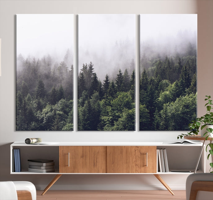 Foggy and Misty Forest Canvas Wall Art Print, Cloudy Forest Wall Art Canvas Print