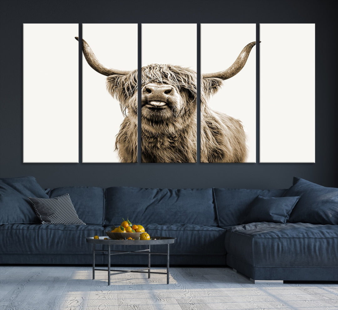 Sepia Scottish Highland Cow Cattle Art Print Farmhouse Wall Art Canvas Print