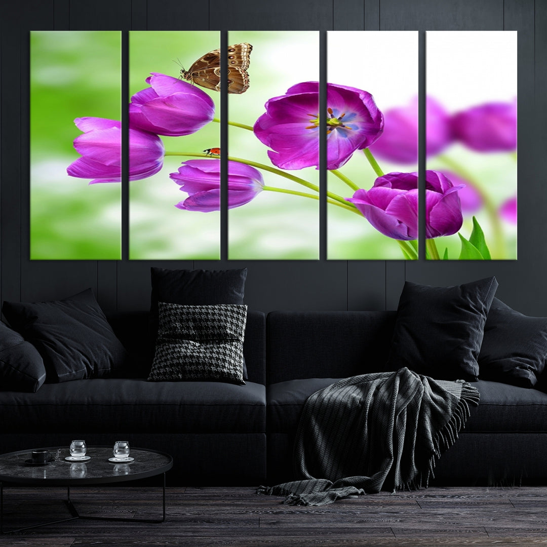 Purple Tulips, Butterfly and Ladybug Wall Art Floral Canvas Print