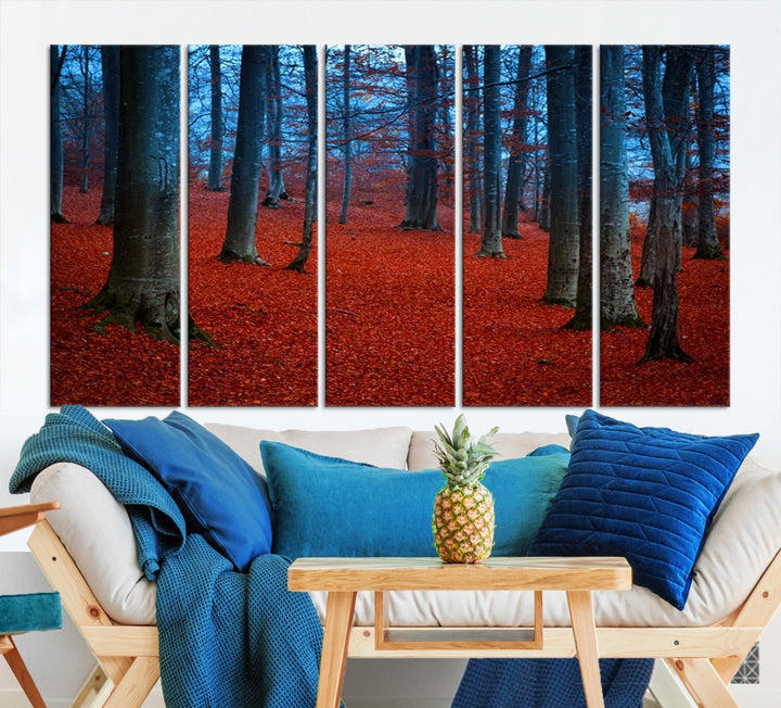 Wall Art Landscape Canvas Print Red Leaves in Blue Forest