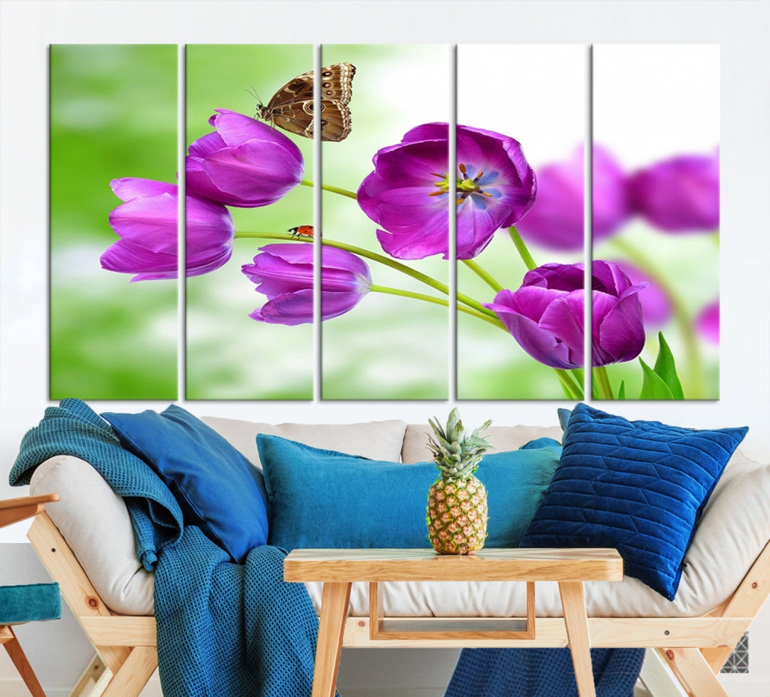 Purple Tulips, Butterfly and Ladybug Wall Art Floral Canvas Print