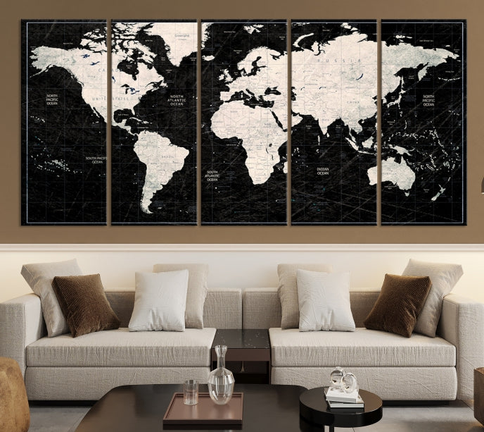 White Colored Push Pin World Map on Stratched Black Background