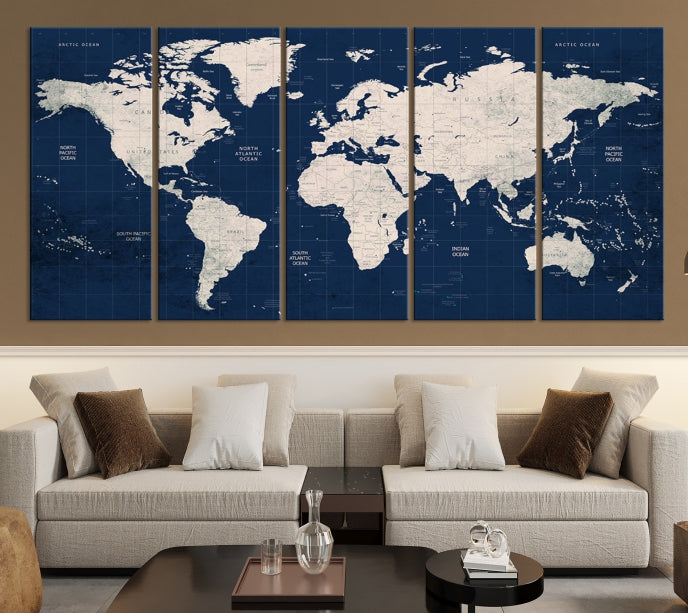 Classic Blue World Map Wall Art Canvas Print