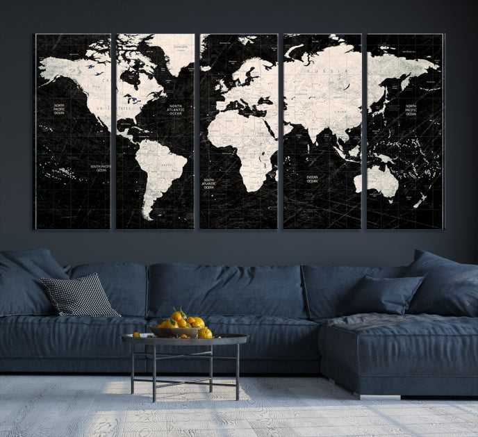White Colored Push Pin World Map on Stratched Black Background