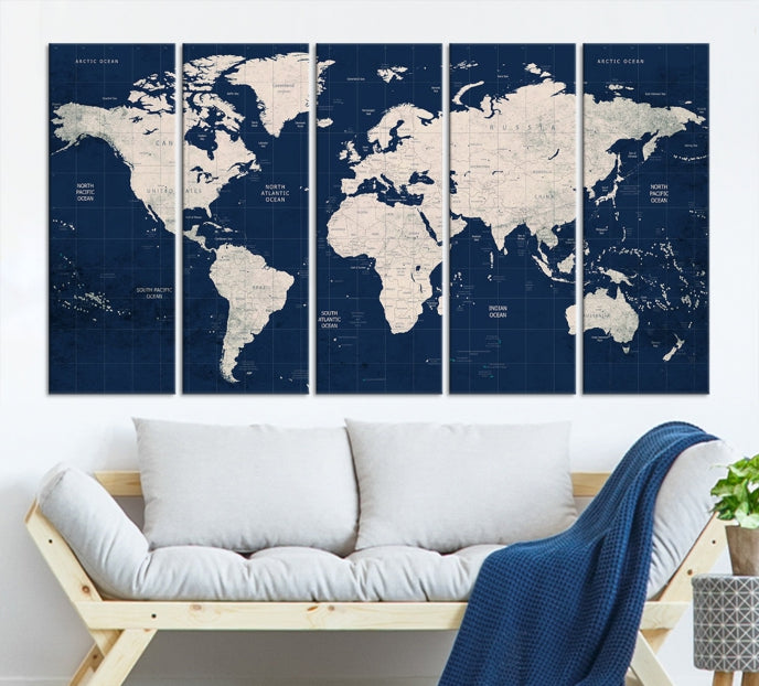 Classic Blue World Map Wall Art Canvas Print