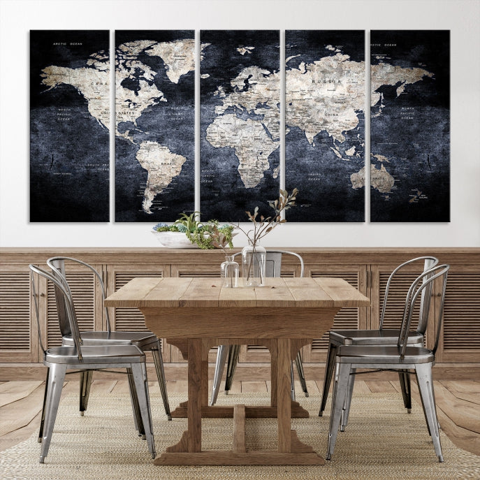 Black and White Metallic Push Pin World Map Wall Art Canvas Print