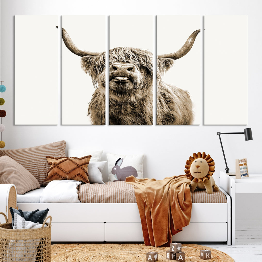 Sepia Scottish Highland Cow Cattle Art Print Farmhouse Wall Art Canvas Print
