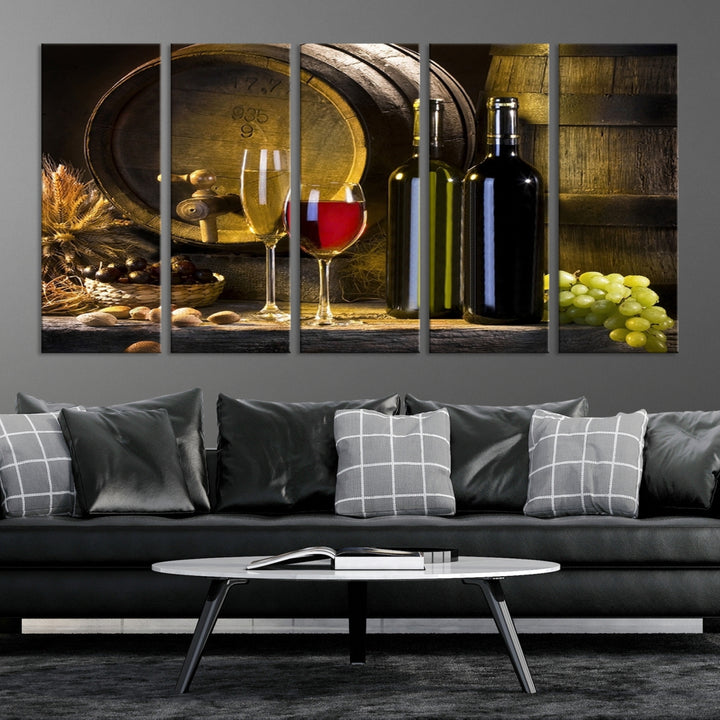 Wall Art Red and White Wine with Bottles and Tun Canvas Print