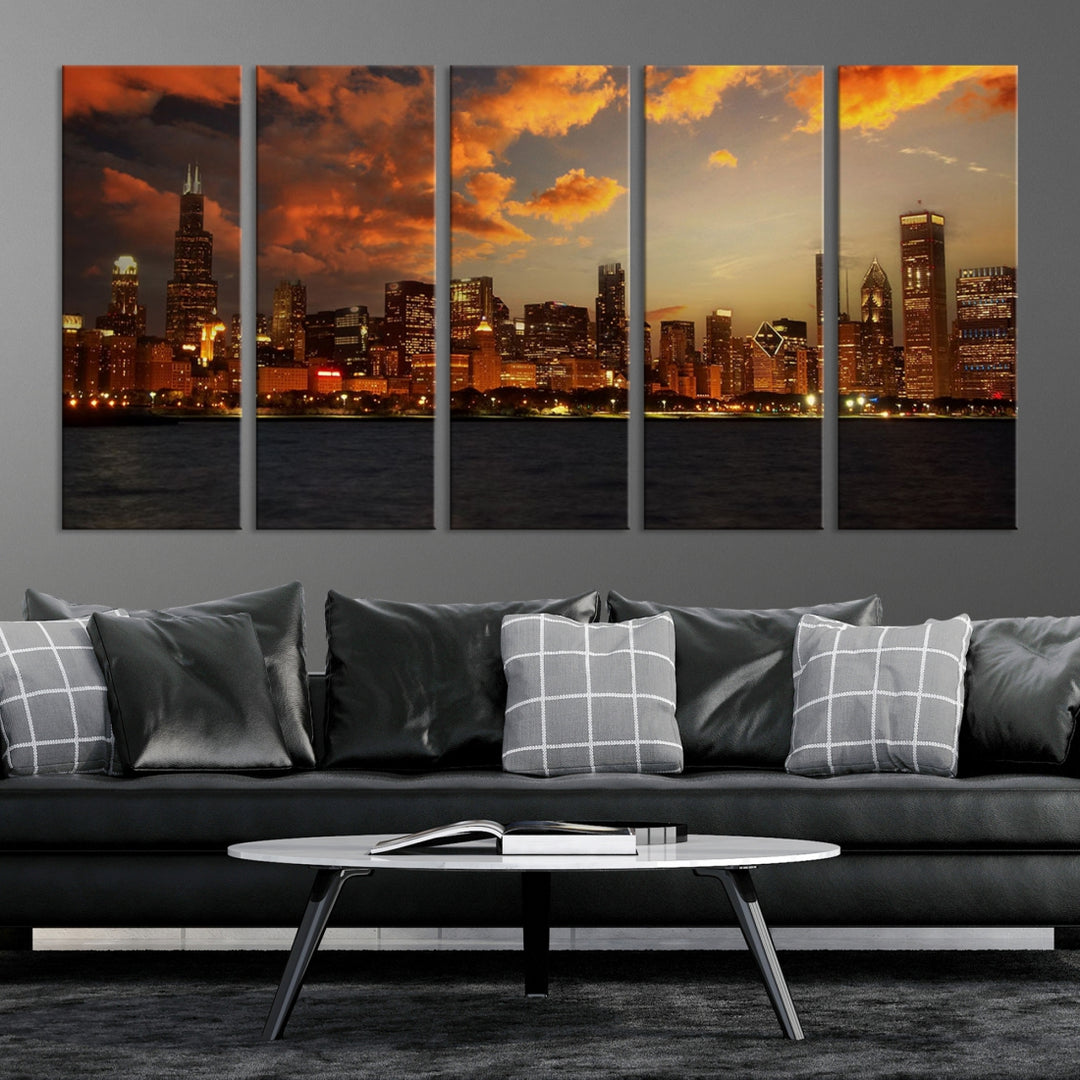 Chicago City Lights Sunset Orange Cloudy Skyline Cityscape View Wall Art Canvas Print