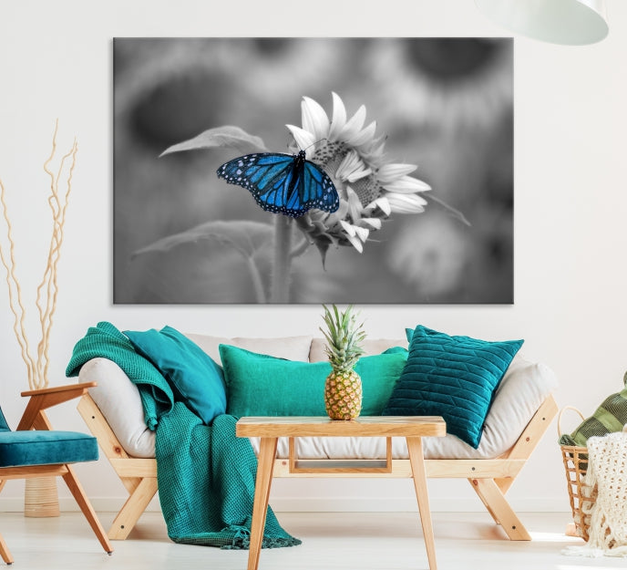 Blue Butterfly Black and White Canvas Wall Art