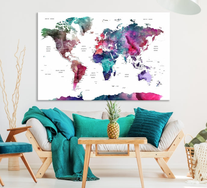 Wall Art Watercolor Push Pin World Map Canvas Print