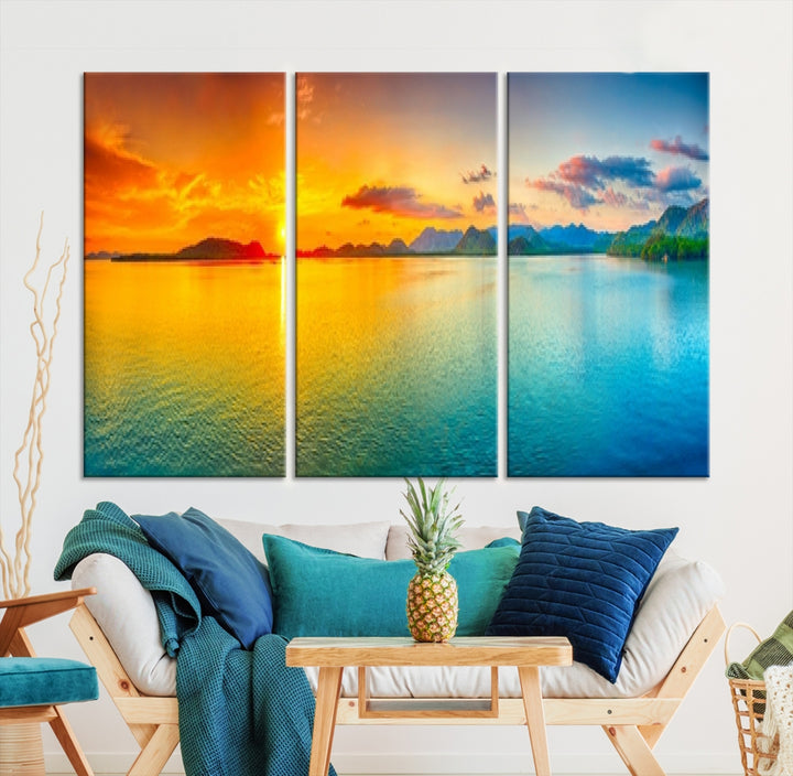 Wall Art Canvas Print Colorful Sunset Sea and Mountain Artwork