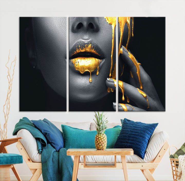 Gold Glitter Lips Fashion Photography Wall Art Makeup Wall Art Canvas Print