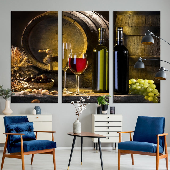 Wall Art Red and White Wine with Bottles and Tun Canvas Print