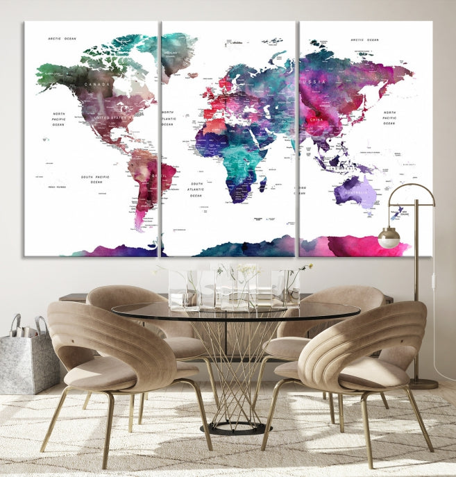 Wall Art Watercolor Push Pin World Map Canvas Print