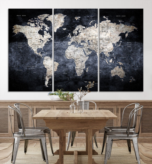 Black and White Metallic Push Pin World Map Wall Art Canvas Print