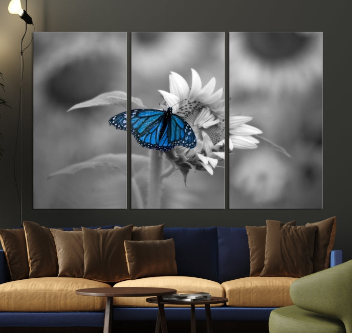 Blue Butterfly Black and White Canvas Wall Art