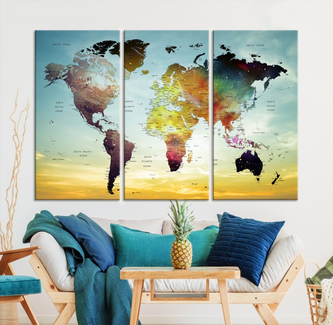Vivid Colored Push Pin World Map with Sky Background Canvas Print