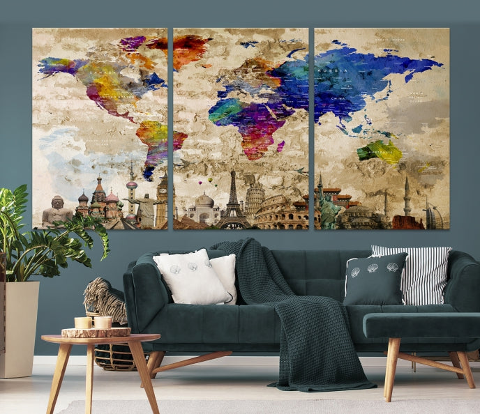 World Map Canvas Print, Wonder of World Map Travel Canvas Print