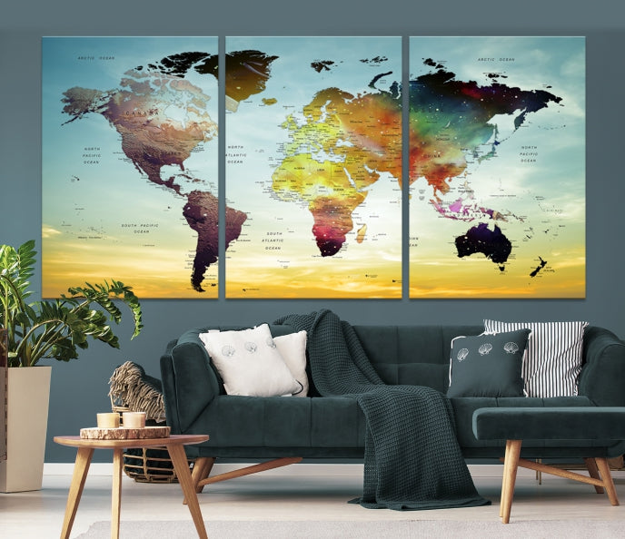Vivid Colored Push Pin World Map with Sky Background Canvas Print