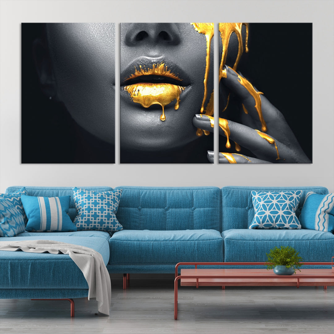 Gold Glitter Lips Fashion Photography Wall Art Makeup Wall Art Canvas Print