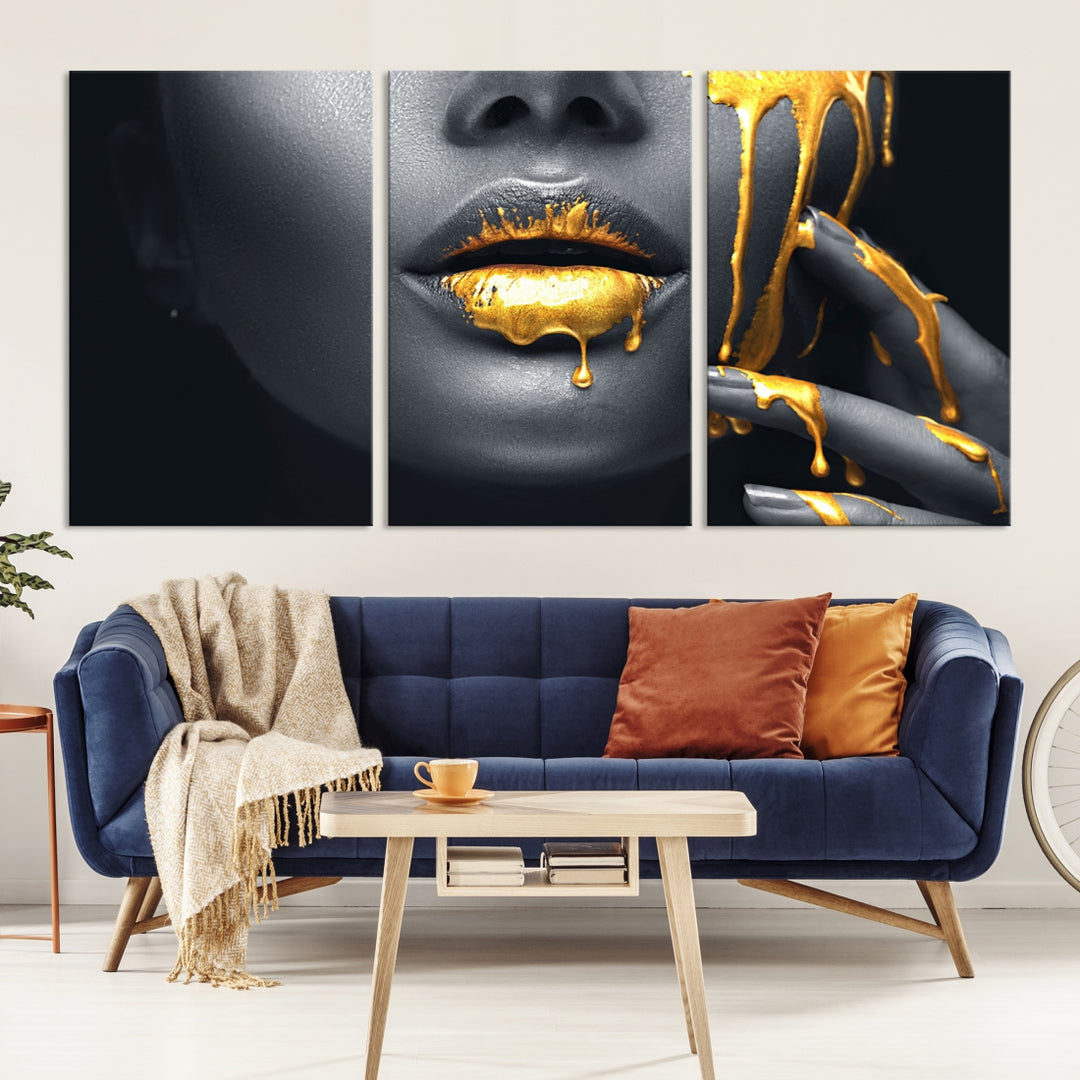 Gold Lips and Black Woman Makeup Canvas Print
