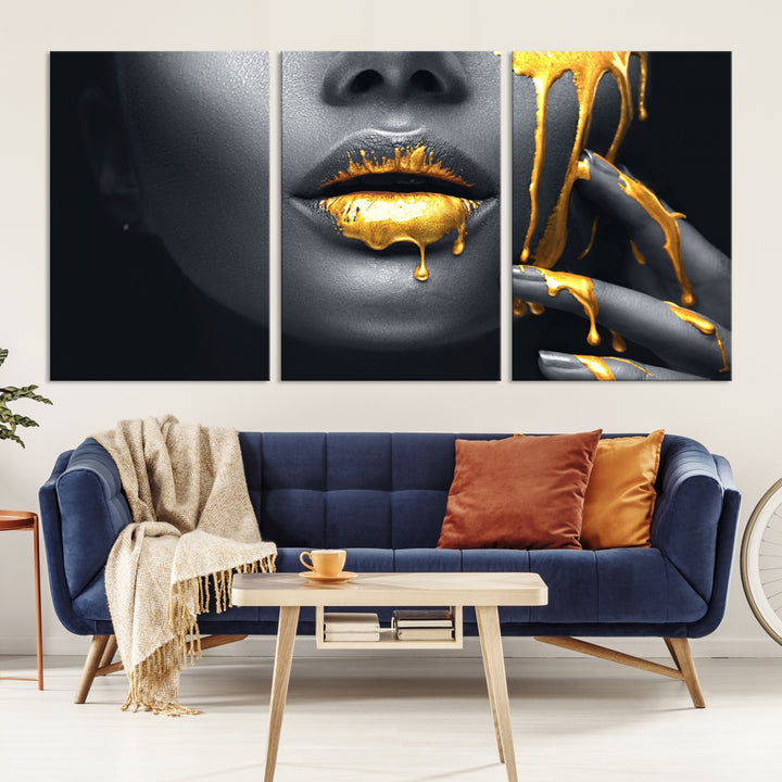 Gold Lips and Black Woman Makeup Canvas Print