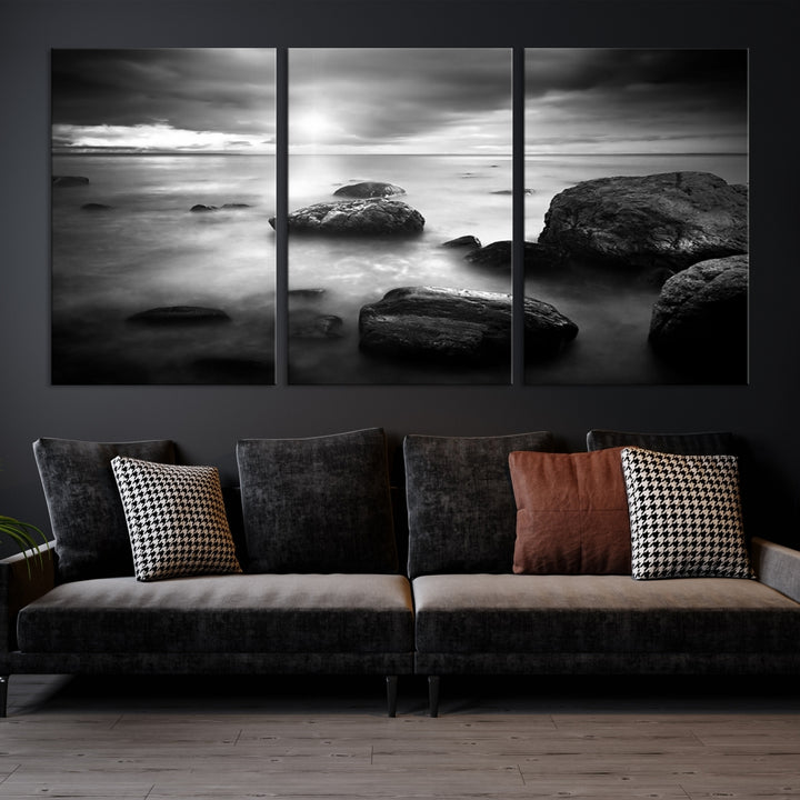 Black and White Rocks on Shore Canvas Print