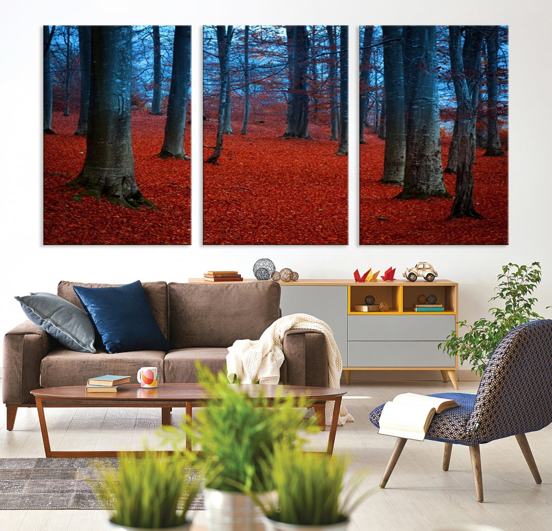 Wall Art Landscape Canvas Print Red Leaves in Blue Forest