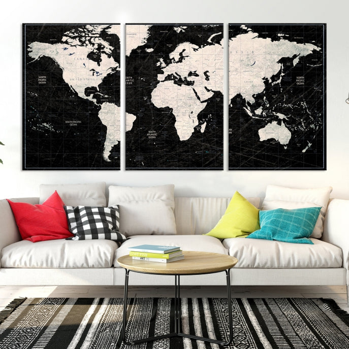 Watercolor Push Pin World Map Wall Art on Black Background World Map Canvas Print