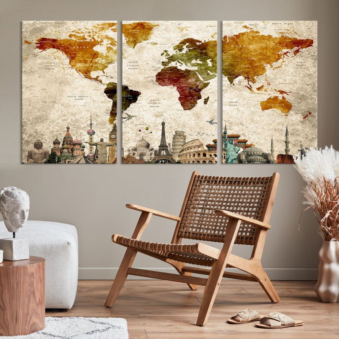 Wall Art World Map with Wonders of the World Canvas Print Wall Art Painting
