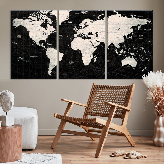 Watercolor Push Pin World Map Wall Art on Black Background World Map Canvas Print