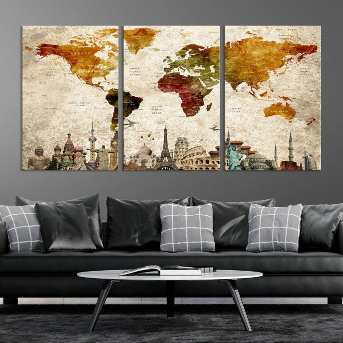 Wall Art World Map with Wonders of the World Canvas Print Wall Art Painting