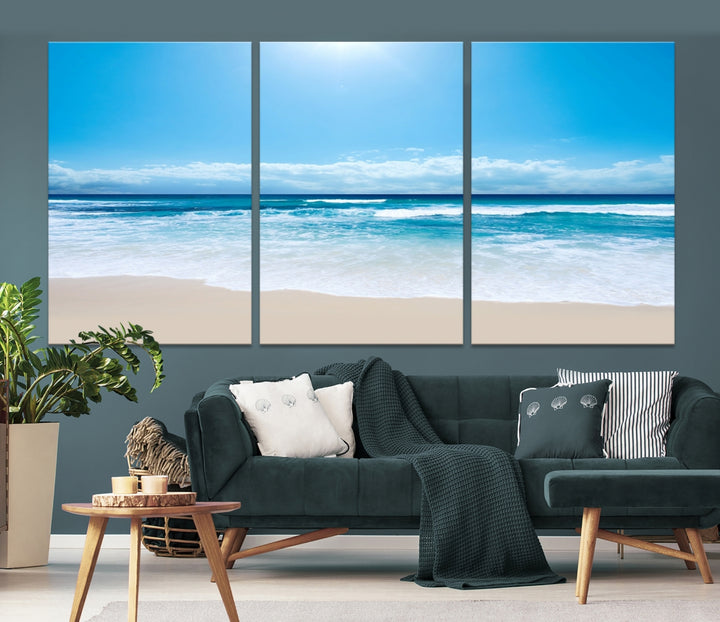 Wall Art Canvas Print Shiny Blue Sea and Beach