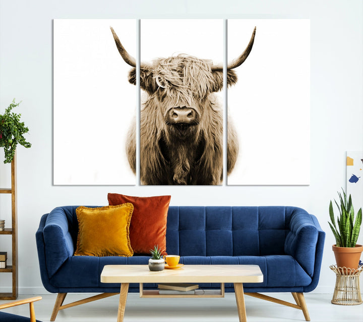 Sepia Highland Cow Canvas Wall Art Farmhouse Cow Print